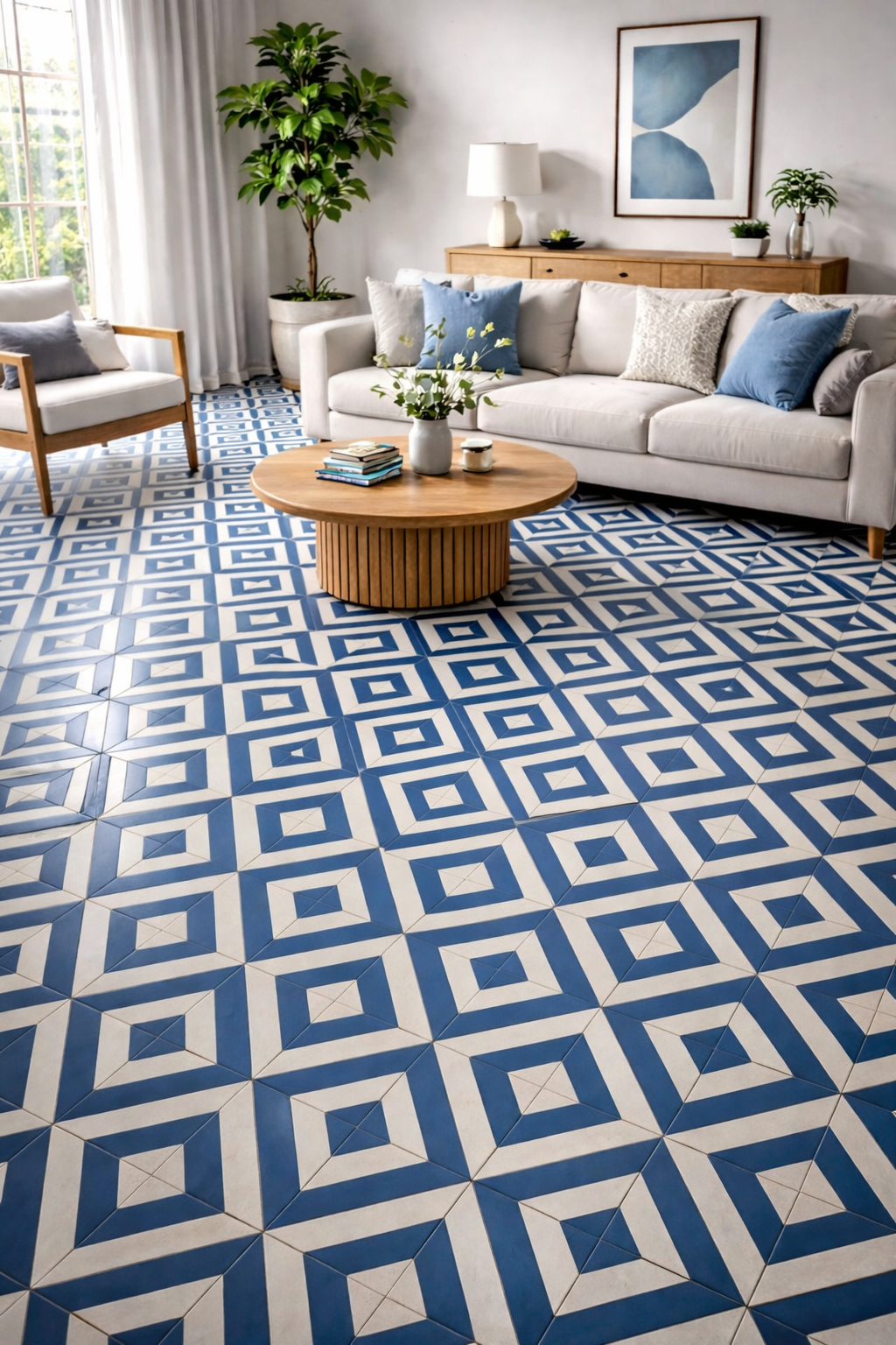 Aaru Pattai Athangudi Tile - Blue White Nested Diamond pattern