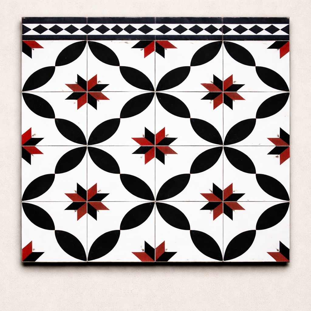 Kozhi Muttai Athangudi Tile - Black and Red Star pattern