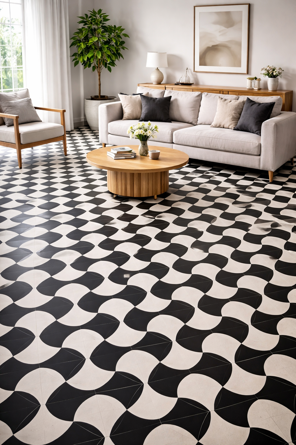 Nila Athangudi Tile - Black and White Moon Wave pattern